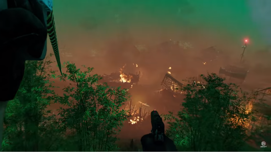Screenshot from Far Cry 5 Hours of Darkness showing a burning village during Vietnam War.