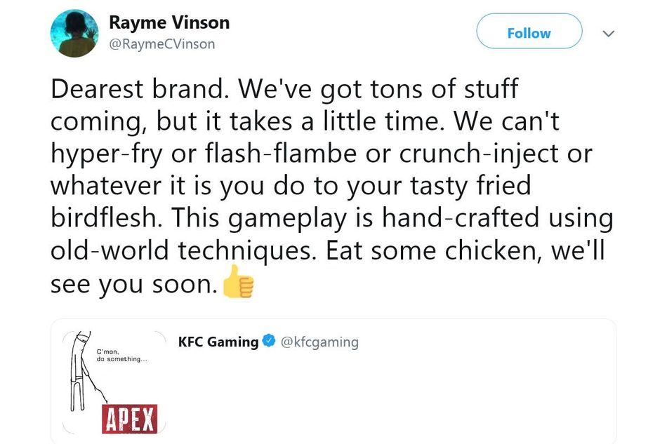 Respawn's response to KFC Gaming's Twitter dig
