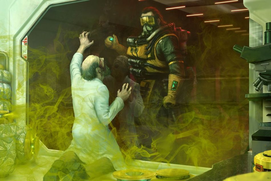 Apex Legends artwork of Caustic character executing a person in a lab coat with gas