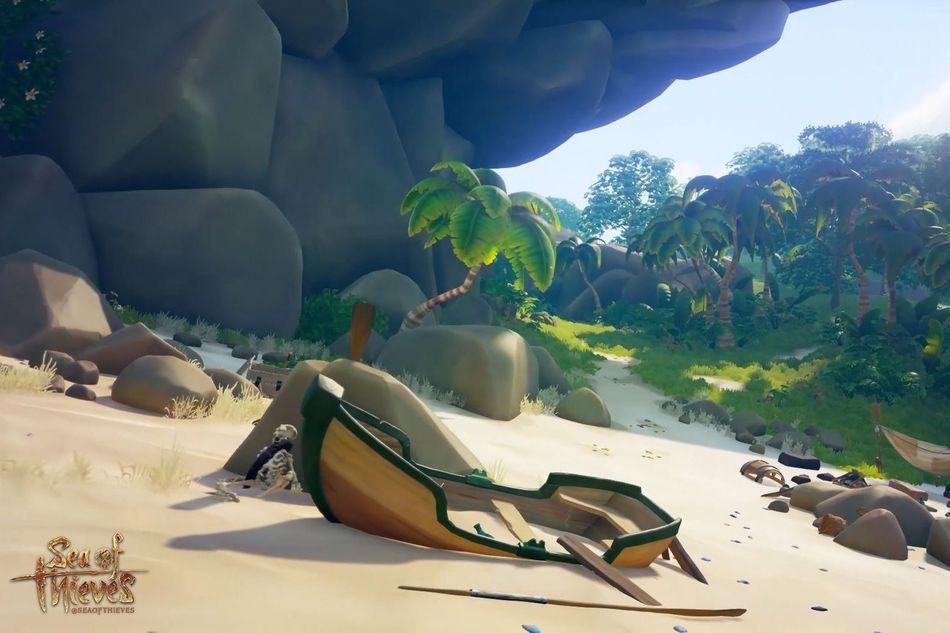 A broken wooden dinghy on a sandy beach in Sea of Thieves