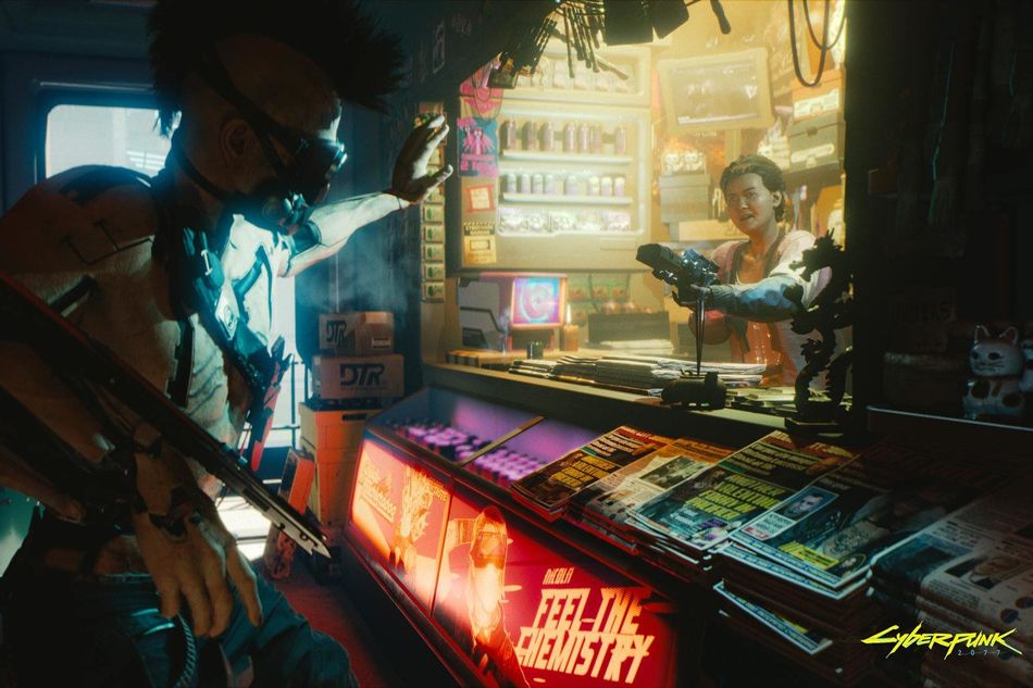 Screenshot from Cyberpunk 2077 showing a store robber
