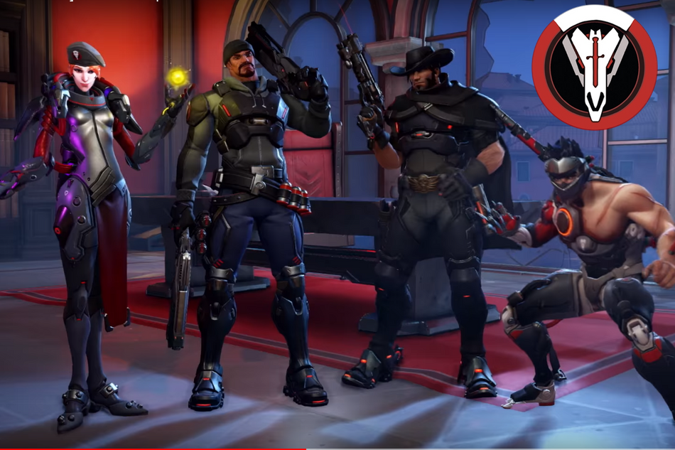 Moira, Reaper, McCree and Genji are standing in their Blackwatch skins.