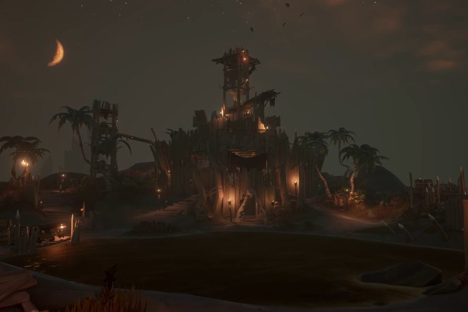 A derelict fort in a cove on a moonlit night