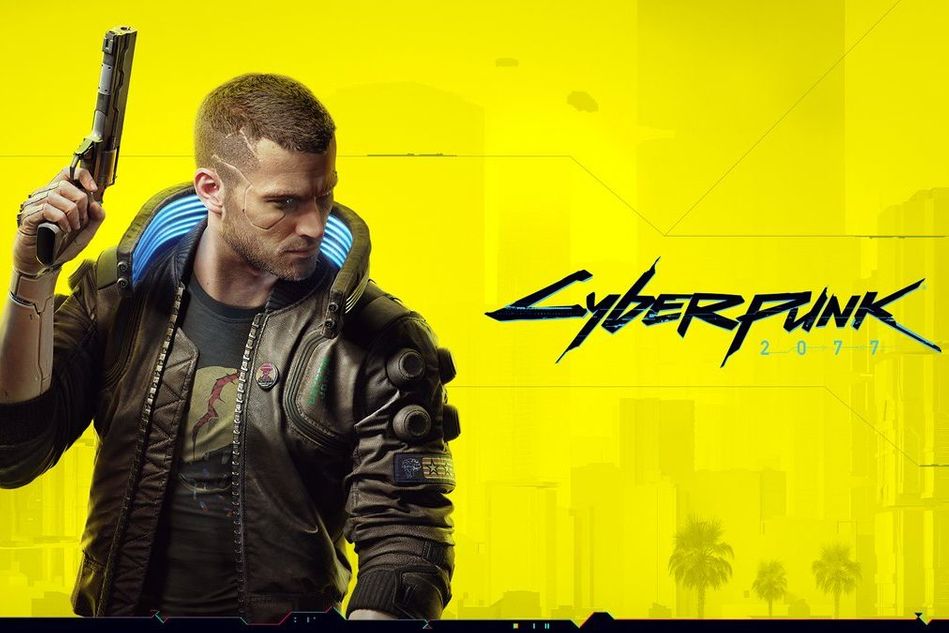 Cyberpunk 2077 artwork showing male V on a yellow background with cyberpunk 2077 logo