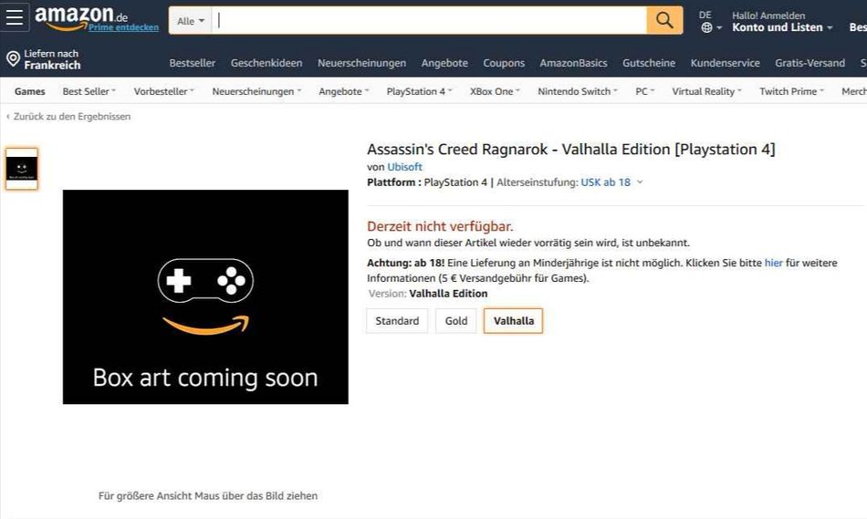 screenshot showing assassin's creed ragnarok listing on Amazon