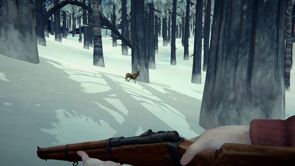Screenshot from the game The Long Dark showing snow covered woods and a deer, player is holding the rifle