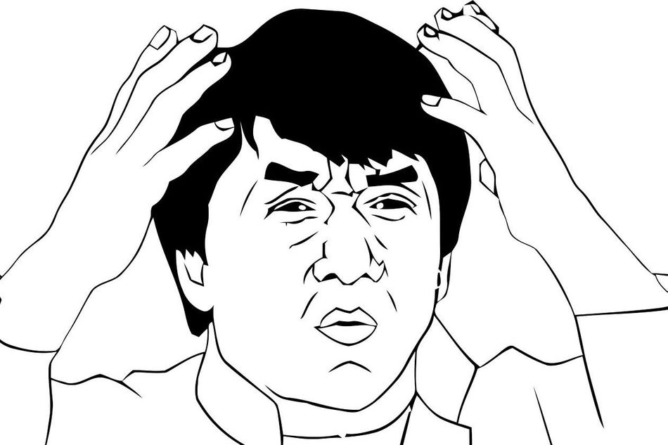 Popular meme showing Jackie Chan holding in head in amazement