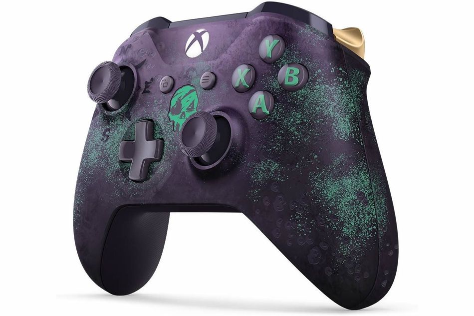 Product photography of Sea of Thieves Xbox controller in purple and green.