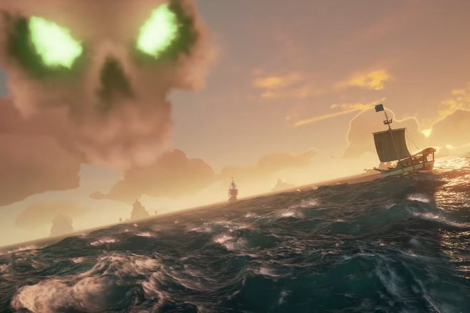 A cloud resembling a skeleton head with glowing eyes looming over the horizon