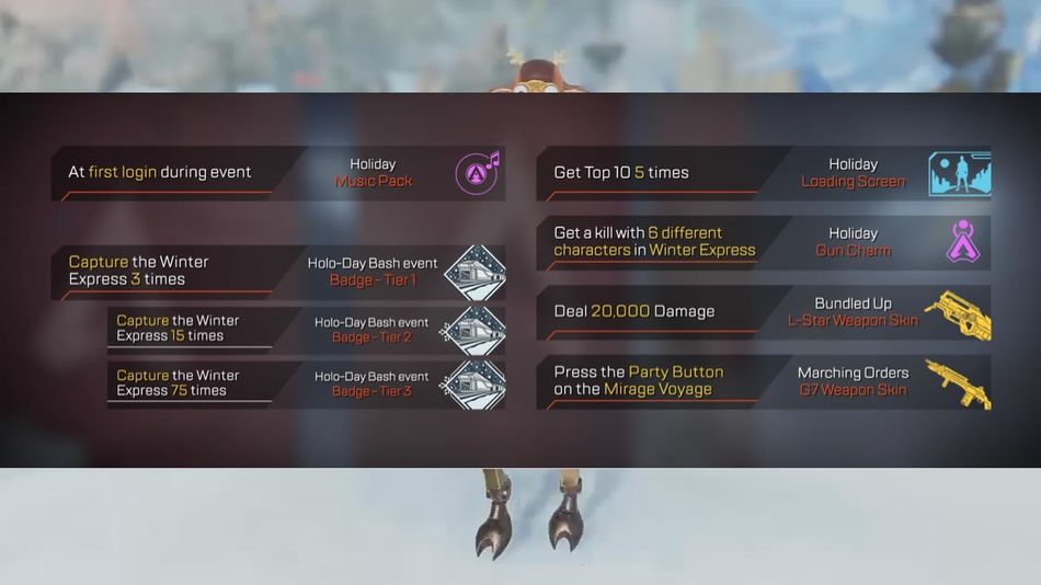 Apex Legends, Mirage's event chart