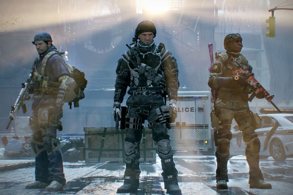 Screenshot from The Division showing three agents looking all cool in their gear.