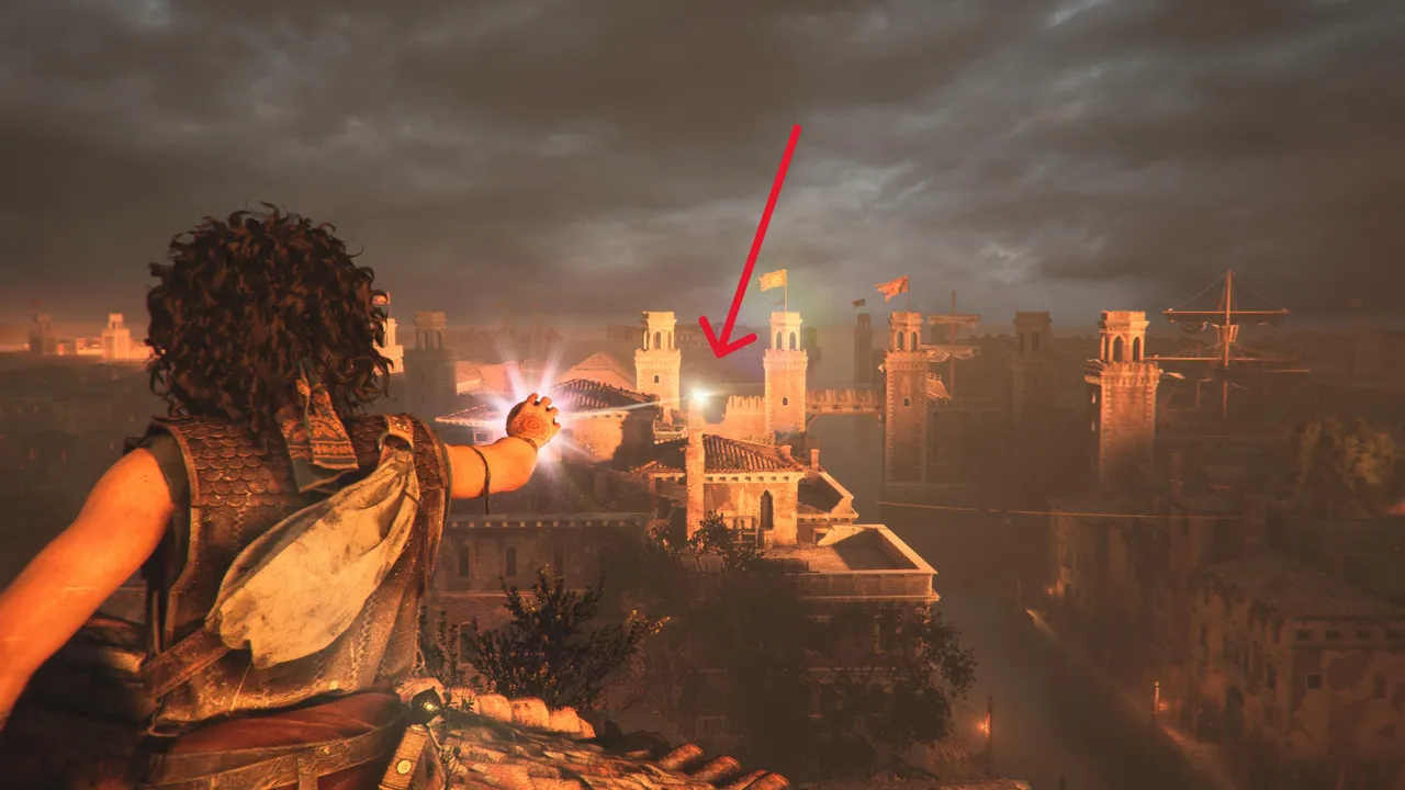 The first mirror signal is between the two towers to your right.
