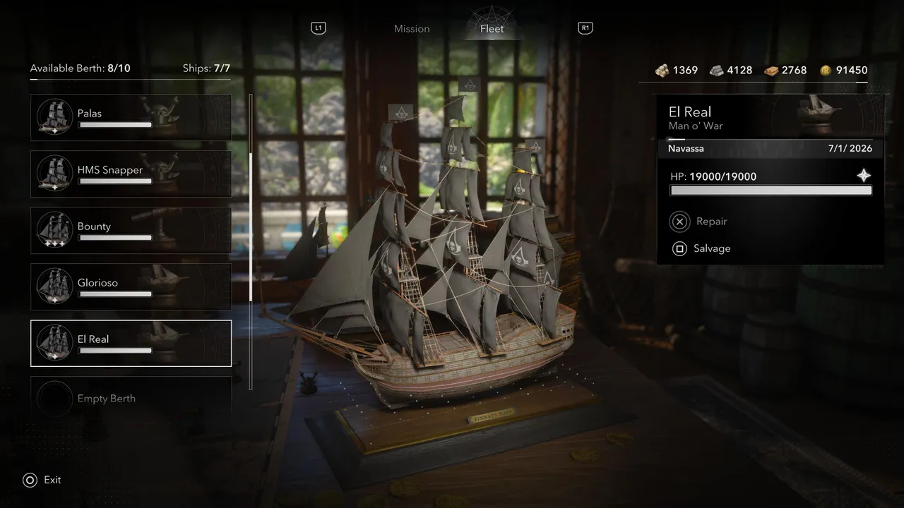 The Fleet tab shows every ship in your possession, including its class and HP. The Man o' War is the rarest and toughest of the four required types, and is most commonly found in the southern areas of the map.