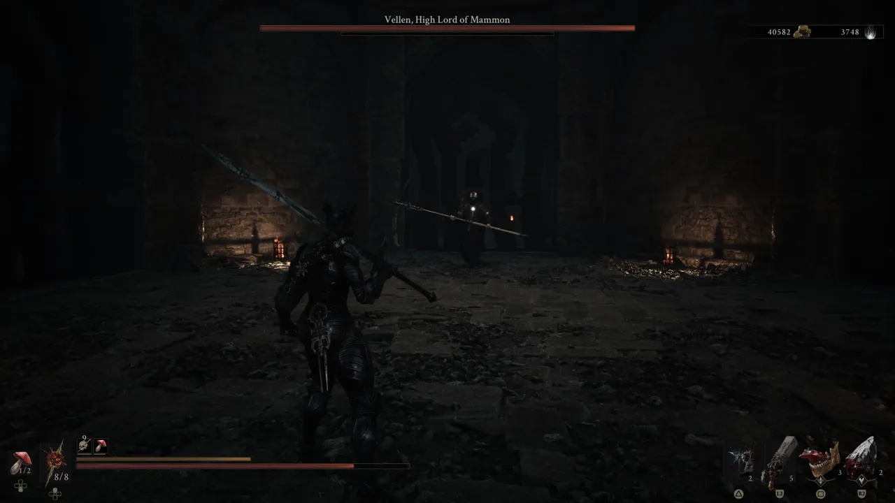 Vellen waits at the end of the long hallway. He's a spear-wielding boss who rewards patience. Read his attack patterns before committing and don't rush the fight.