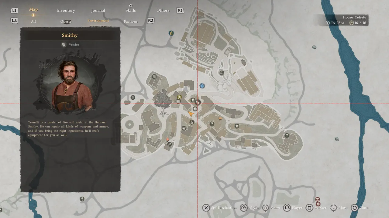 The Smithy sits near the centre of Hernand Town. Switch to the Environment layer on your map to find it quickly