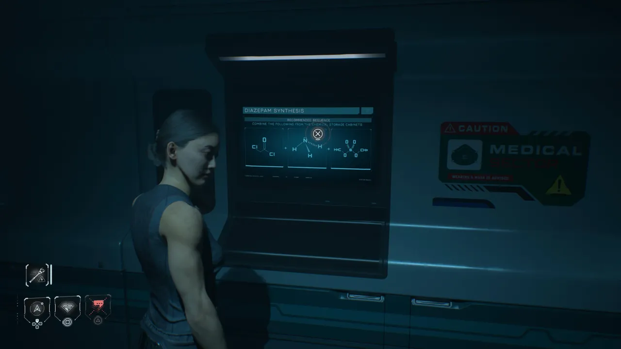 The synthesis terminal lays out the required formulae. Match these against the posters in the room to identify the corresponding numbers.