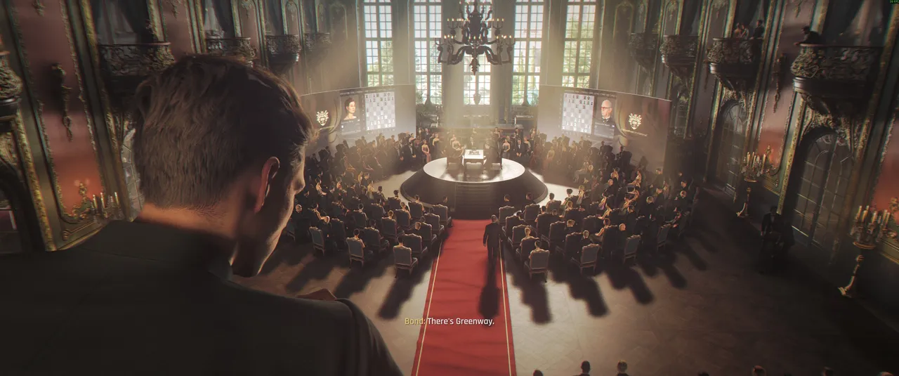 Bond surveys a packed chess tournament from above. Exactly the kind of Hitman-flavoured setup the game does so brilliantly.