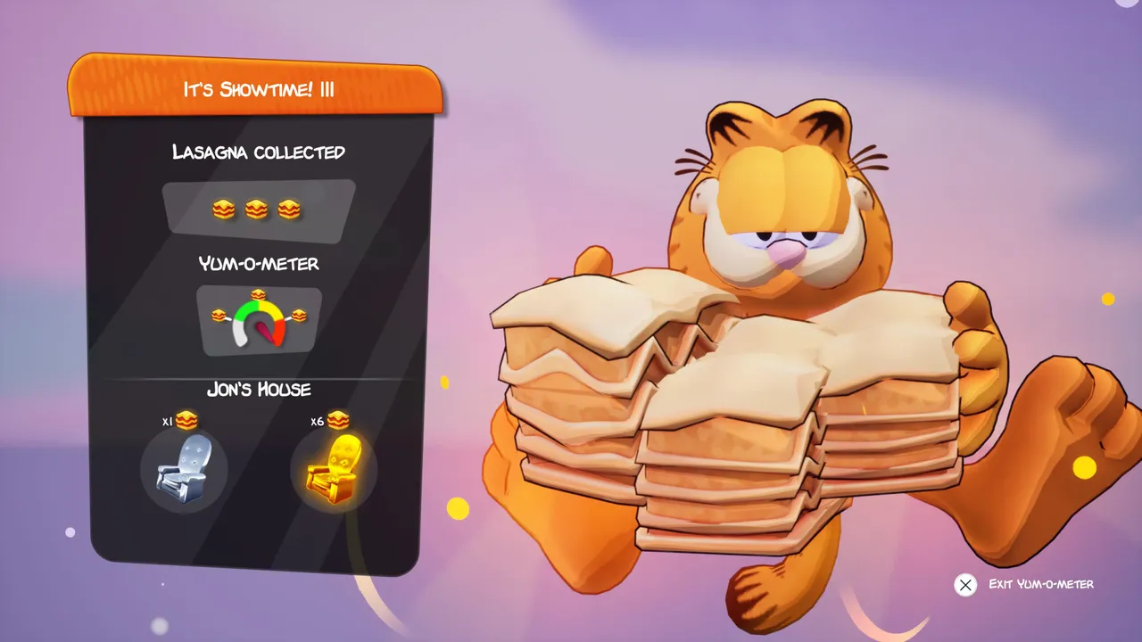 Collecting cheese and lasagna fills out the Yum-o-meter at the end of each level.