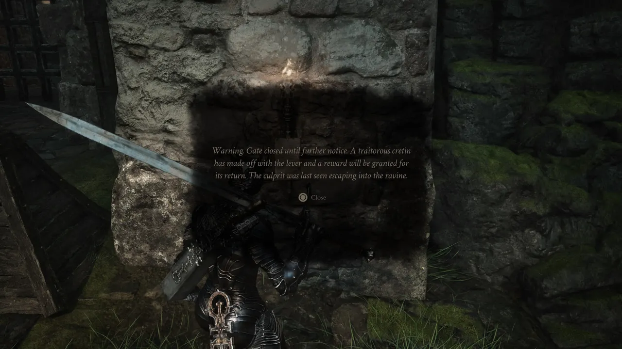The notice board at the gate gives you your first direction: the lever thief fled into the ravine. The location is directly south of the gate, reachable by following the path to the left.