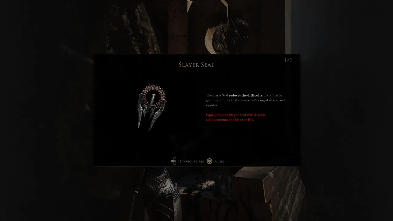 The Slayer Seal makes the game easier but permanently disables achievement unlocks on that save file. Don't equip it if you're going for the full trophy list