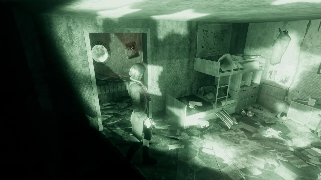 The fixed camera turns every abandoned room into a potential threat. You never quite know what shares the space with you.