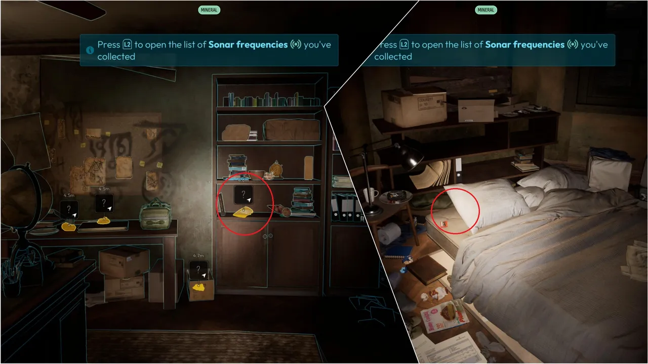 The two stones you need are circled here. The one on the left is on the bookshelf in the bedroom. The one on the right is tucked beside the pillow on the bed near the ritual wall.