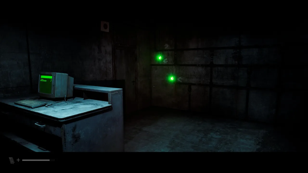 The AUX room’s valve pipes, with two of the three indicator lights glowing green.