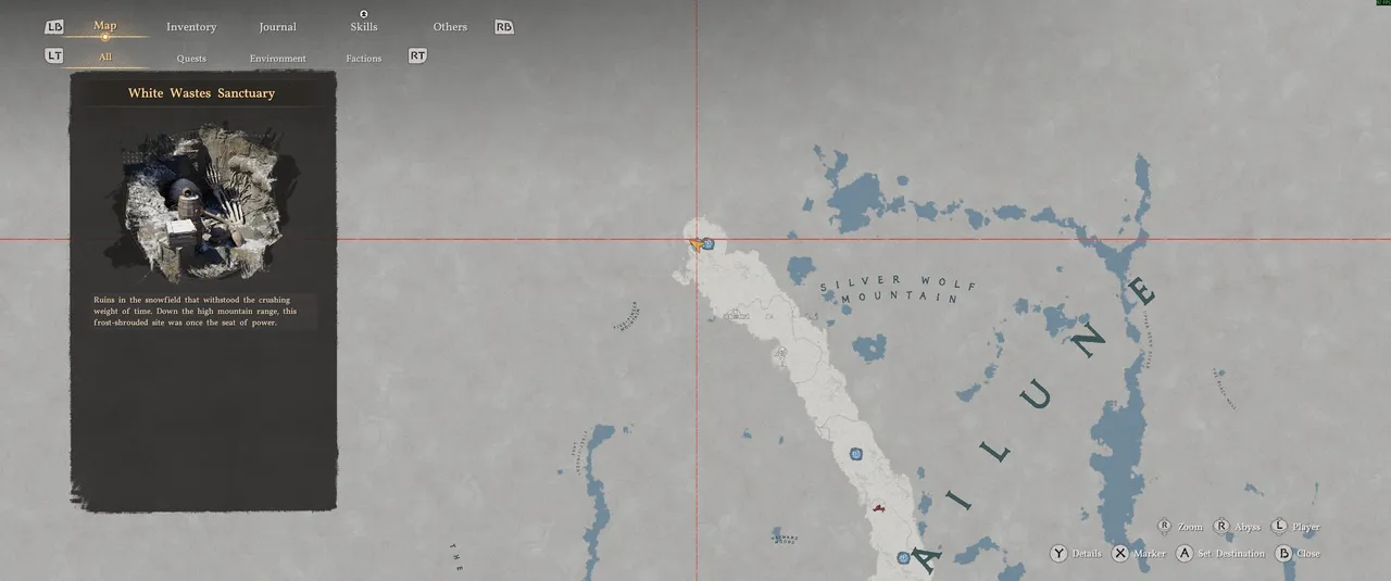 The White Wastes Sanctuary marker on the map shows exactly where to head. Follow the clear path northwest of Silver Wolf Mountain and set it as your destination.