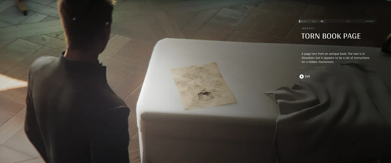 The torn book page is on the table near the fireplace. Inspect it before touching the dial. The composite creature depicted on it gives you the three symbols you need: a goat, a lion, and a snake.