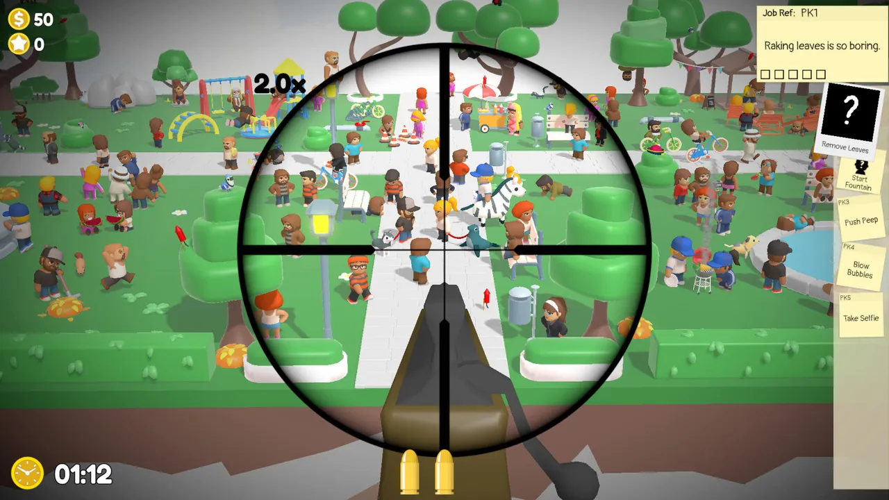 This is the puzzle at the heart of Sniper Dan: scanning a packed crowd for whatever vague clue solves the job listed on the right.