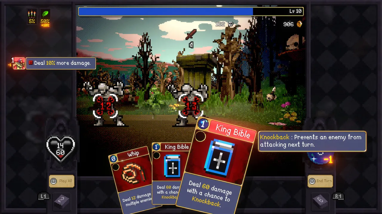 The card-based combat in full swing. Whips, King Bibles, and armour management all competing for your attention at once.
