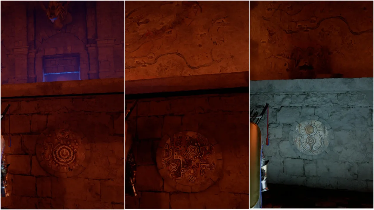 The carvings on each switch match the imagery on the outdoor murals. Rotate each one to align with its corresponding mural to unlock the door