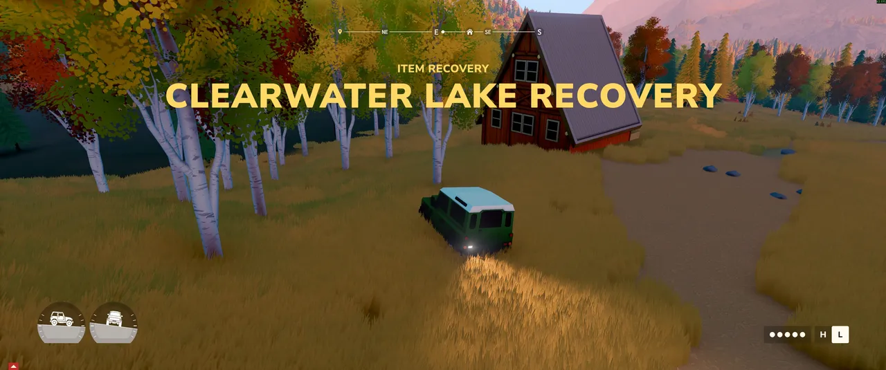 An item recovery objective triggers near a woodland cabin, with the 4x4 cutting through tall grass amid a colourful autumn landscape.
