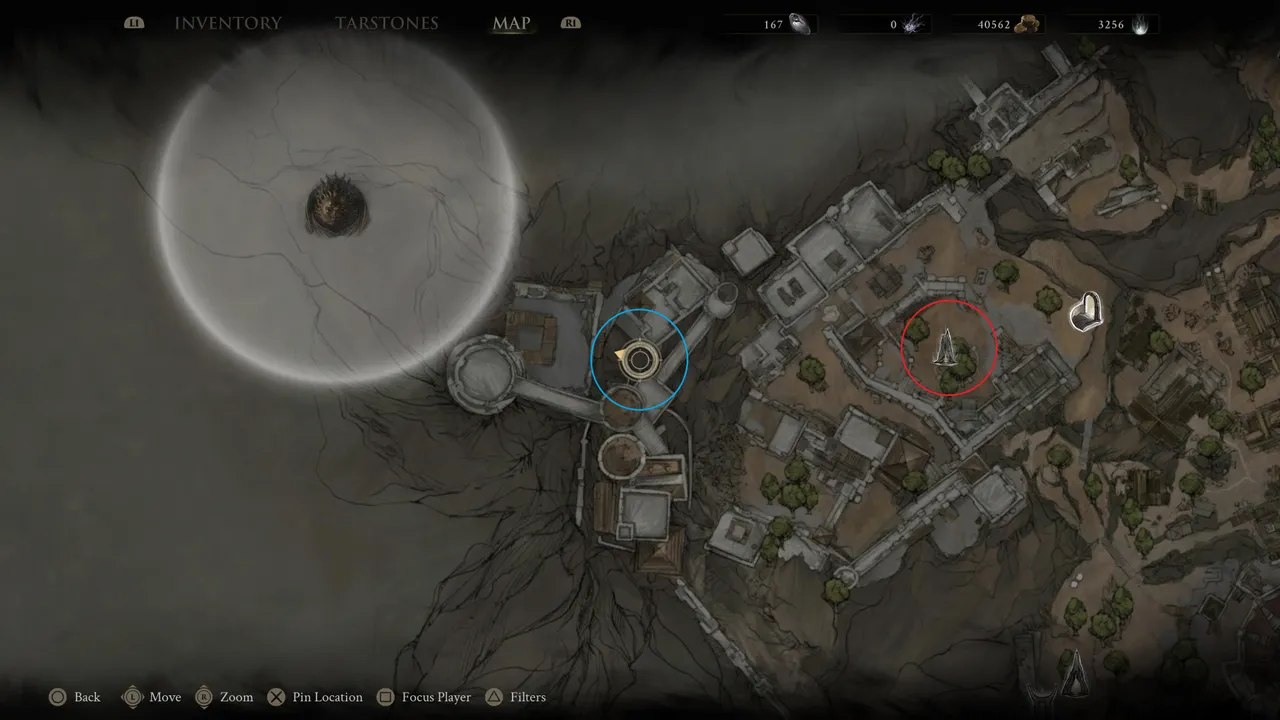 The red circle indicates the closest beacon you can use to fast travel, and the blue circle indicates the crypt entrance where you can locate the shell.