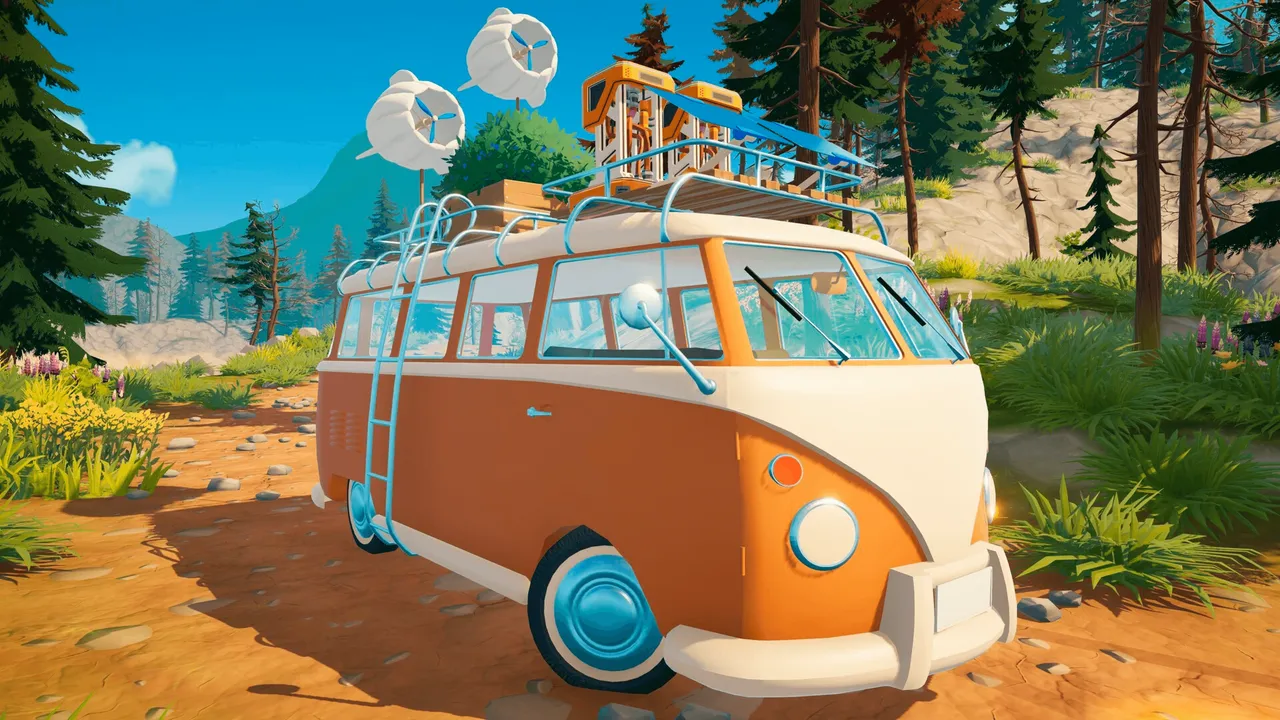 The camper van in all its charming glory, already carrying the early signs of a life being built on the road. The vehicle design is one of the game's most immediately appealing qualities.
