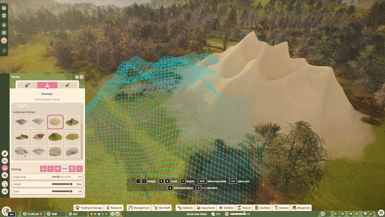 Terrain tools let you shape the landscape and paint different biomes across your zoo