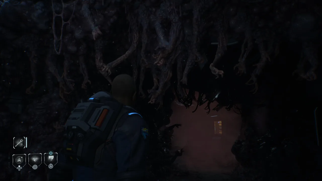 The alien material has consumed entire sections of the ship by this point. Visually striking, deeply disturbing, and one of the game's most effective horror tools.