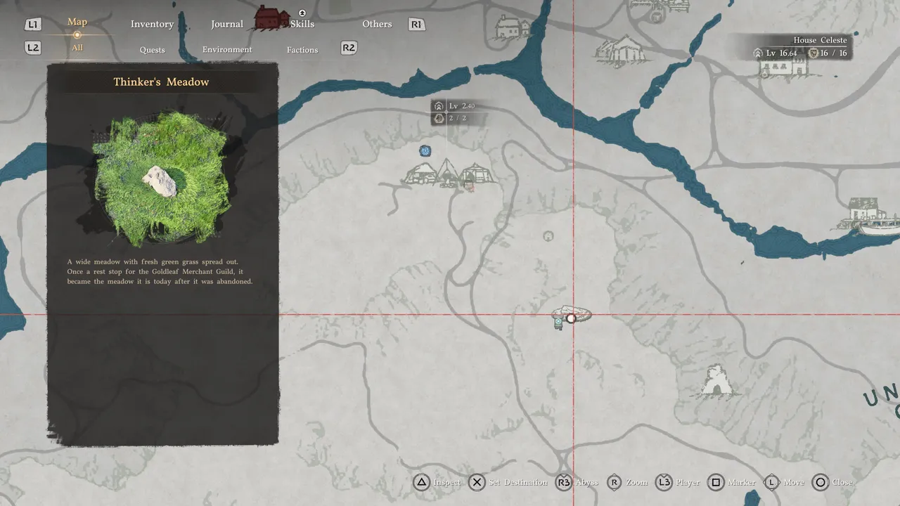 The cave entrance sits just south of Thinker's Meadow. Set it as your destination and look for the stone door on foot once you're in the area