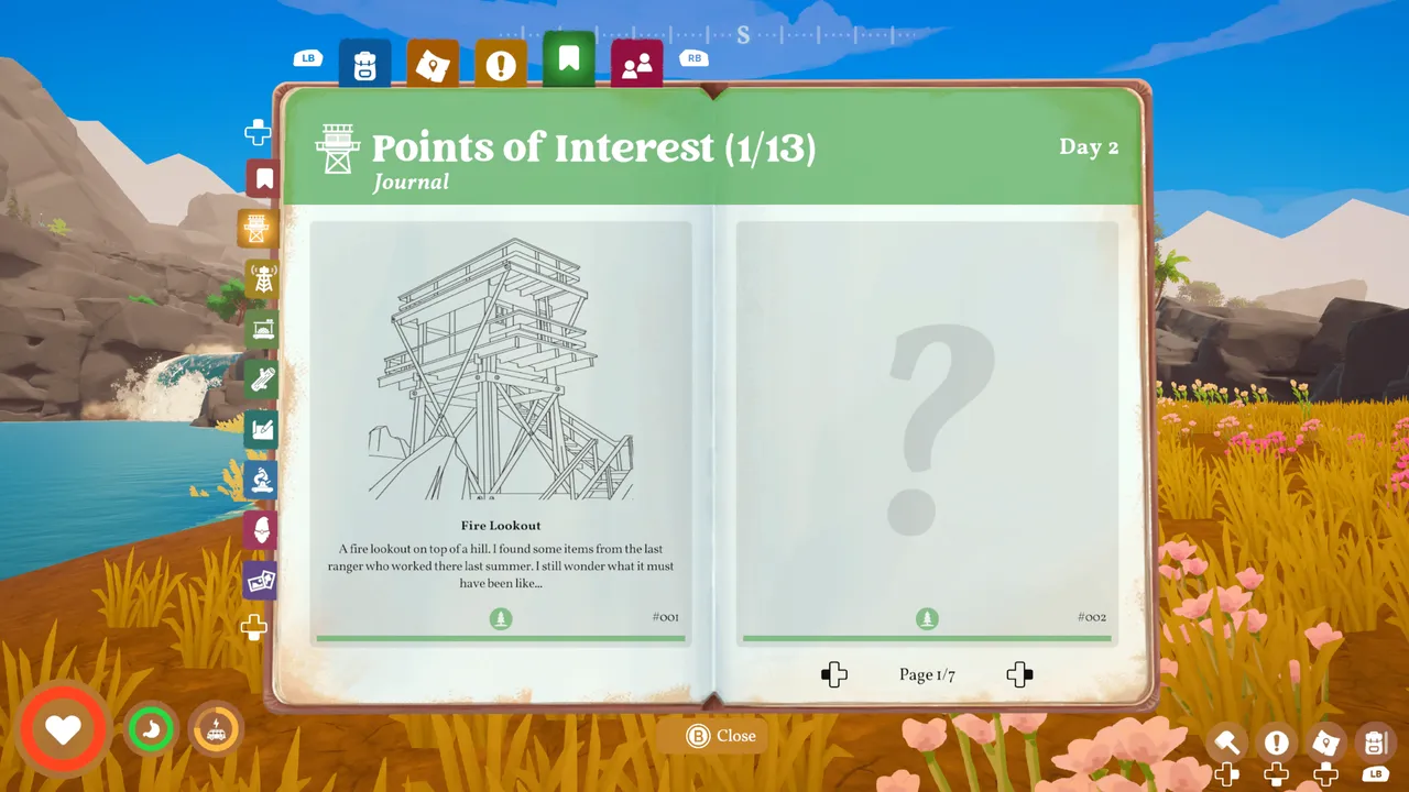 The journal tracks points of interest discovered across the map, adding a light collectable layer to exploration that some will find charming and others will find thin.