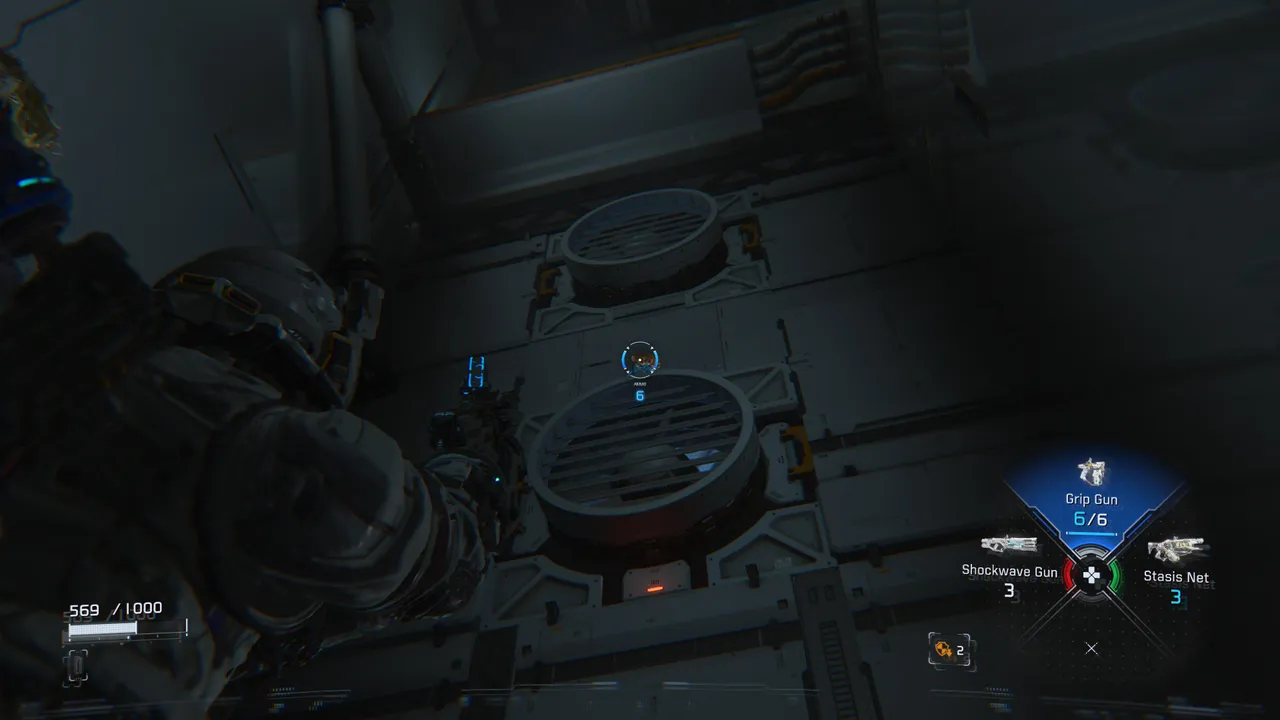 The third Mini Cabin is on the vent to the left of the small elevator in the double-door room. Look up after dealing with the bot to spot it