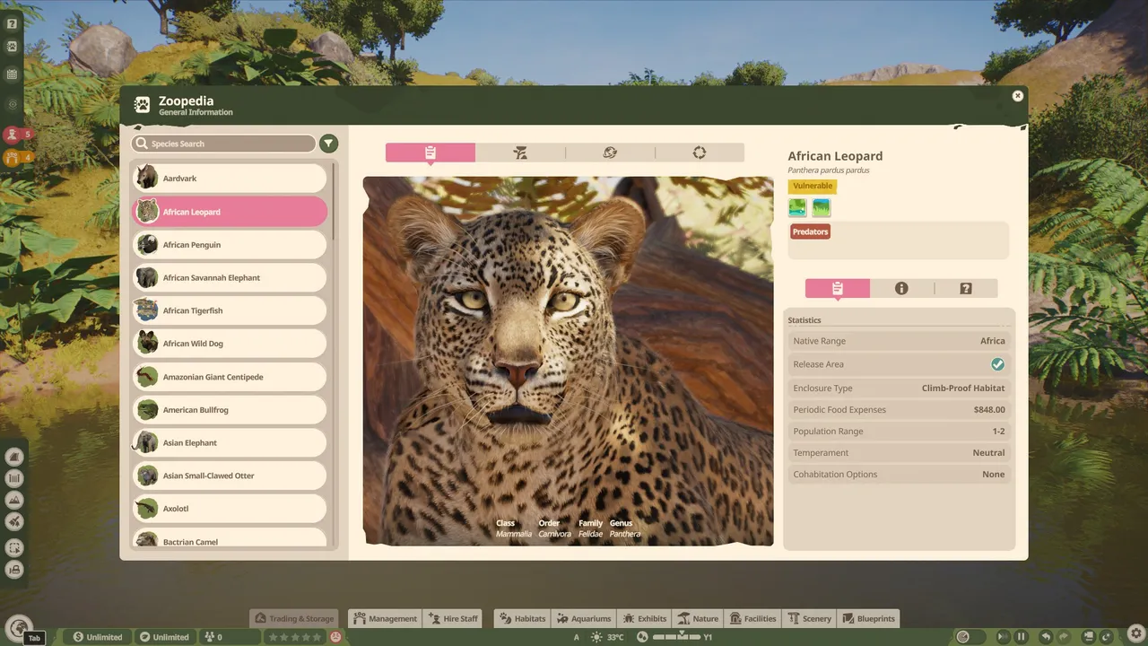 Planet Zoo 2's updated UI, the Zoopedia provides detailed information on each animal