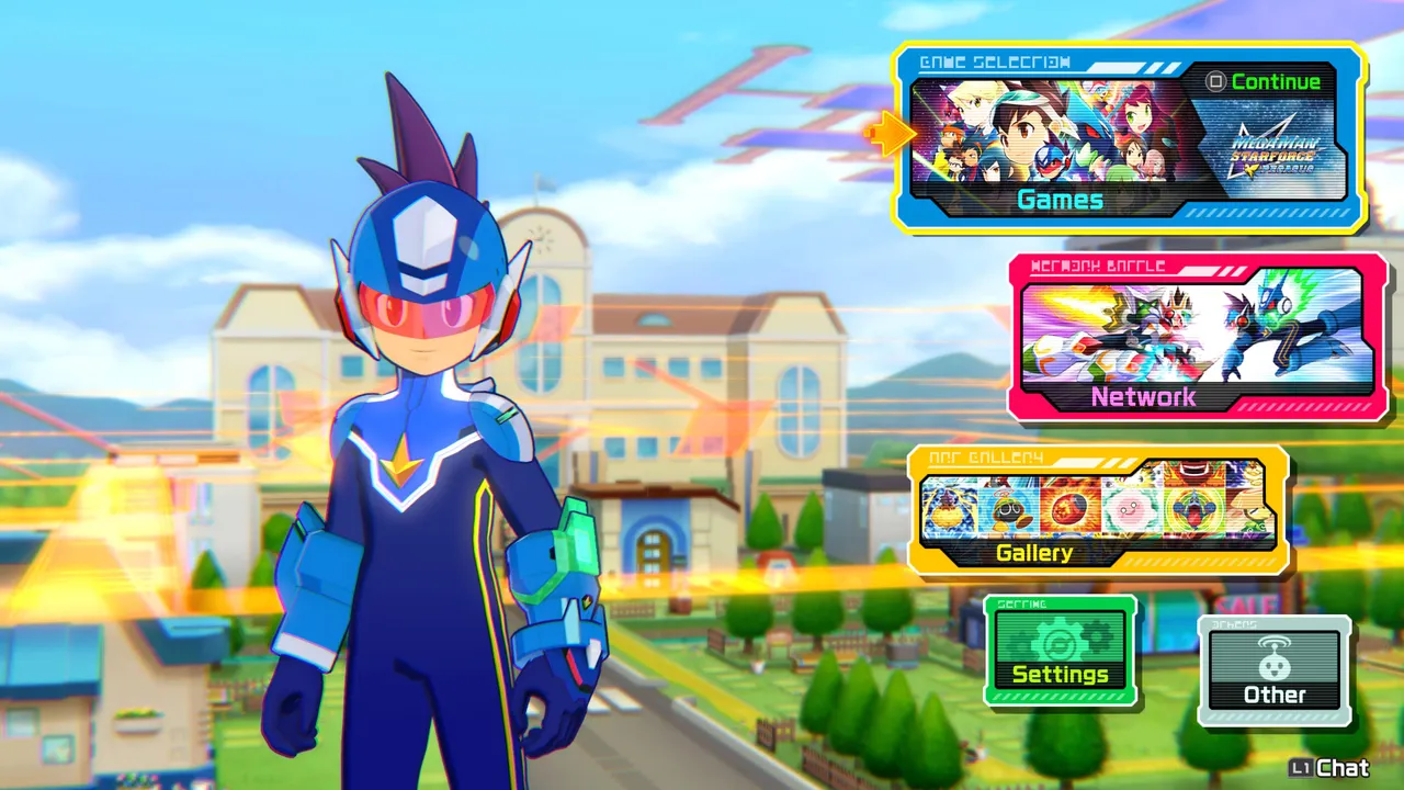 The main menu is clean and well-organised, offering quick access to all seven games, online network battles, and the gallery of card and concept art