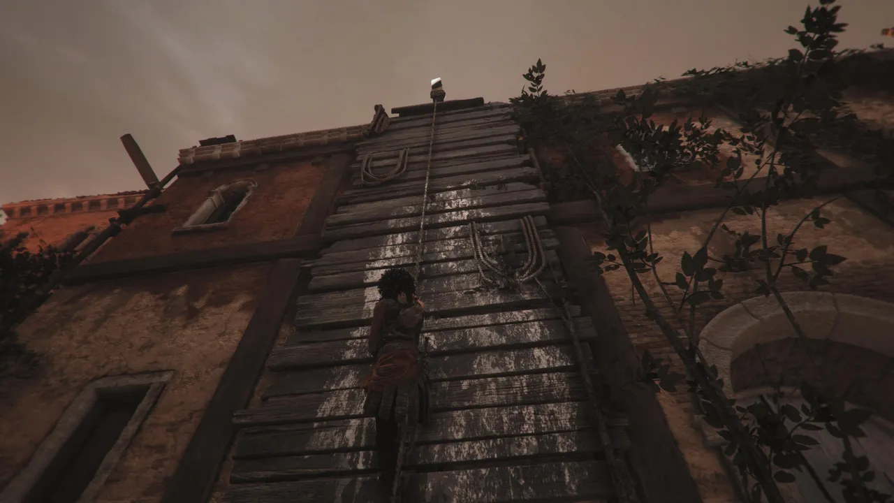 Use the grappling hook to climb up to the roof of the church.