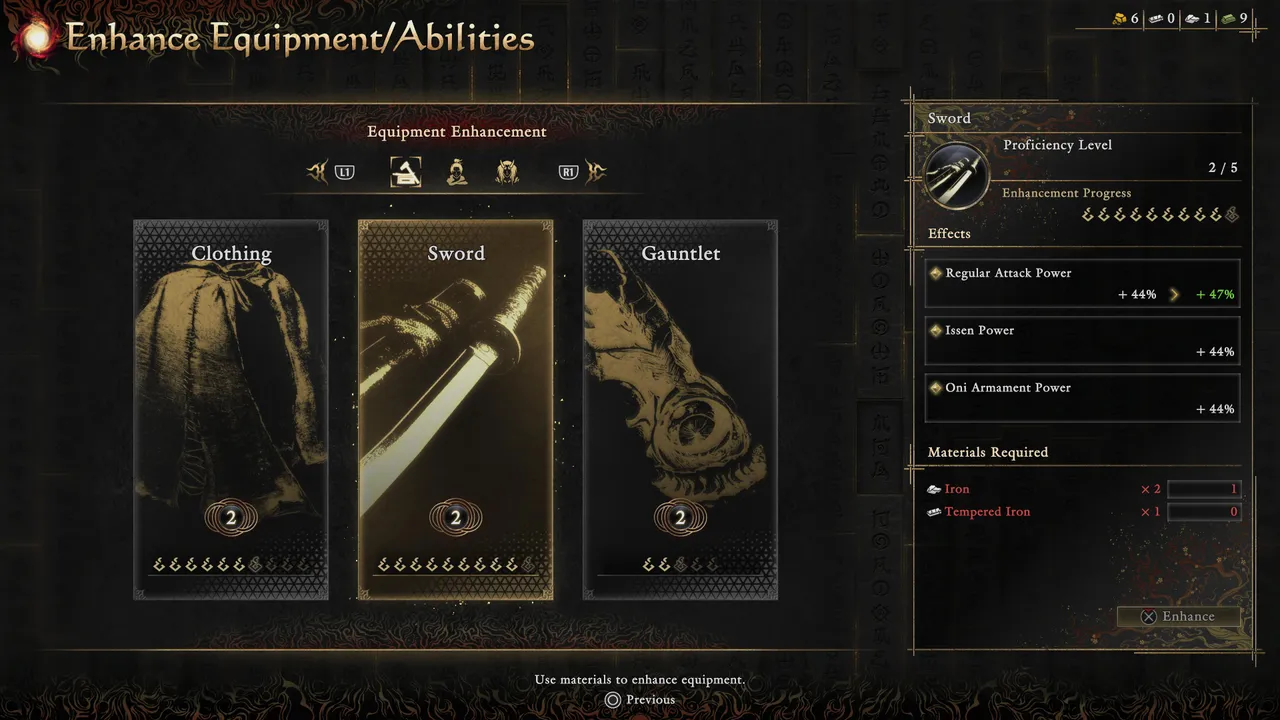 The sword's upgrades boost your general attack power alongside Issen and Oni Armament power, using Iron and Tempered Iron.