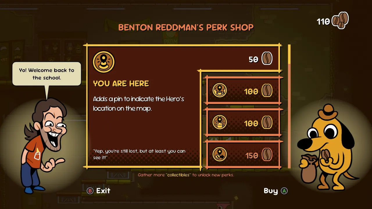 The perk shop is where Coffee Beans are put to work beyond survival. Upgrades are sensible, the humour is intact, and KC Green himself makes a welcome cameo appearance.