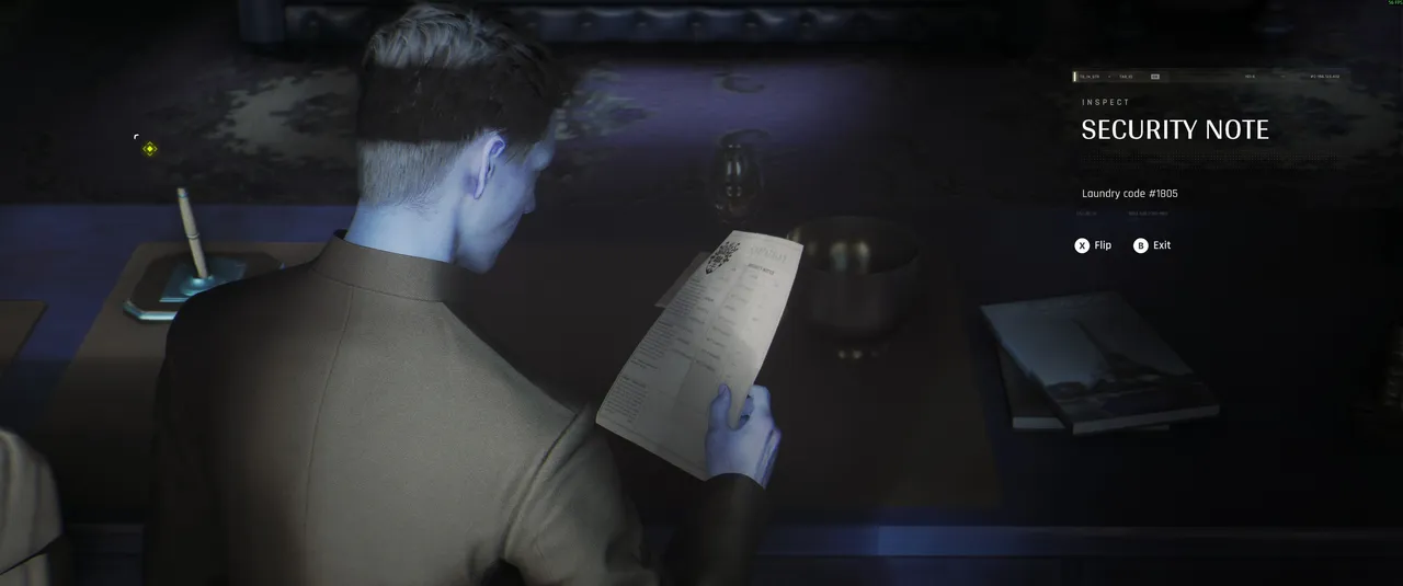 This is the document you are looking for. The Security Note on the manager's desk gives you the laundry code directly: 1805.