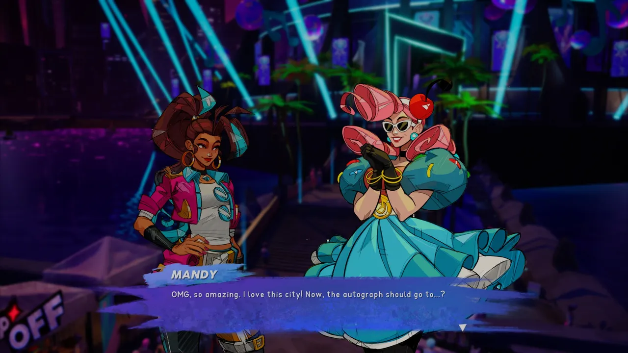 Cadence meets the flamboyant Mandy in a vibrant neon cityscape in People of Note