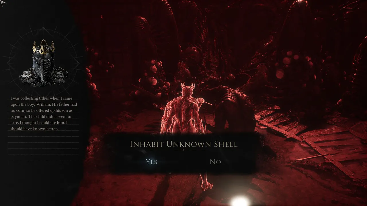 After defeating the mini-boss, an "Inhabit Unknown Shell" prompt appears, letting you claim Eredrim