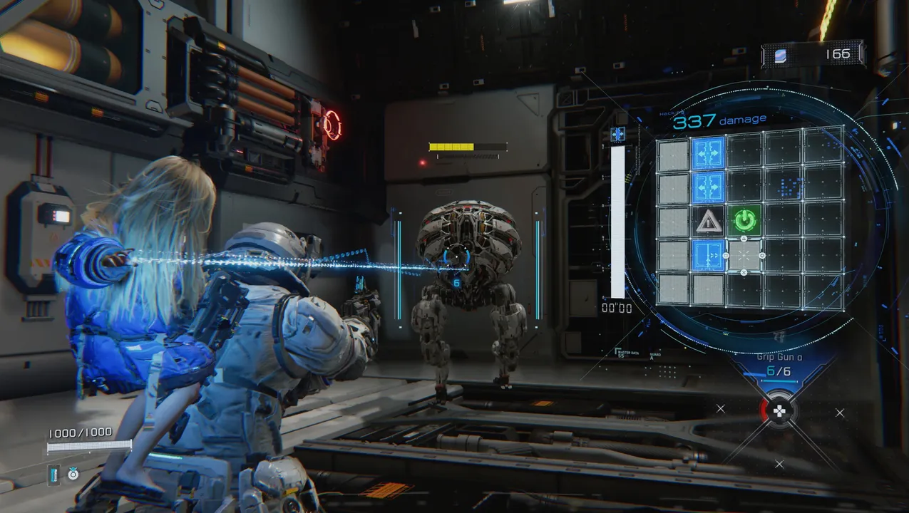 The hacking grid in action: navigate the blue tiles, reach the green, then let Hugh do the rest.