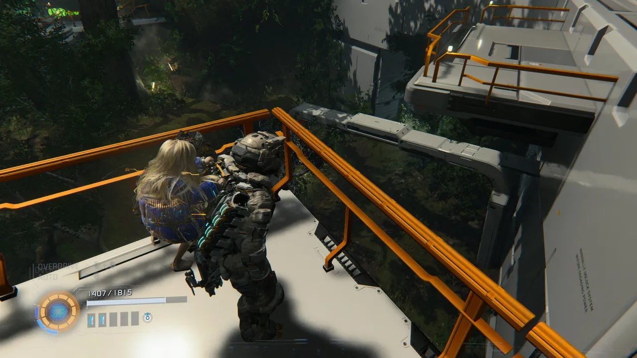 This is the balcony you need to reach from the escape hatch. Jump and glide across from the left side, then drop down onto the beam below to begin the crossing.